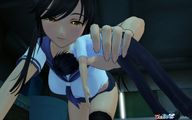 gentle panties blushing black_hair handheld bra yellow_eyes shrunken_man looking_down digital_render