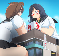 drawing giantess color clothed buildings glasses red_eyes brunette sitting bbw giantesses leaning_on_building みとん miton