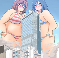 drawing giantess city color swimsuit cleavage glasses brunette bbw hand giantesses leaning_on_building みとん miton