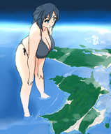 drawing giantess giga color swimsuit blue_eyes cleavage ocean huge_breasts looking_down みとん miton