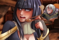 drawing vore mouth spoon unaware shrunken_man food looking_away fire_emblem henry tharja_(fire_emblem)