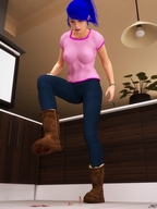 crush nude jeans blue_hair blood surprised foot_crush shrunken_people looking_down shirt raised_foot digital_render jamesmason0