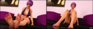 breasts crush feet large_breasts barefoot purple_hair blood smiling short_hair foot_crush shrunken_people cruel dirty_soles under_foot smelly_feet before_after stinky_feet massacre goddessviolet digital_render jamesmason0
