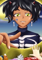 drawing giantess horns black_hair color yellow_eyes halloween fangs looking_down bowl candy point_of_view etz inside_bowl skeleton_costume