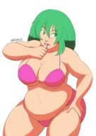 drawing vore size_difference color large_breasts swimsuit handheld cleavage green_eyes green_hair hand open_mouth no_background spokle