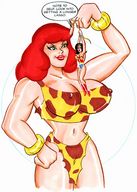 drawing giantess mega color cleavage green_eyes giganta red_hair between_fingers wonder_woman leotard dialogue joe_gravel lasso leopard_print no_background dc_comics