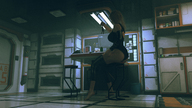 blonde large_breasts clothed handheld barefoot leggings sitting shrunken_man dangle chair futuristic unitard looking_at_tiny digital_render fater