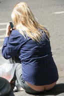 collage micro blonde butt jeans sitting unaware shrunken_man naked_man dangle purse cell_phone curb butt_crack commando