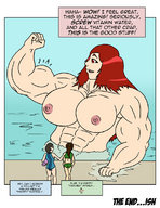 drawing growth giantess manga color large_breasts swimsuit cleavage muscles pool dagwam