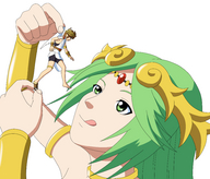 drawing wings color handheld green_eyes goddess shrunken green_hair shrunken_man licking_lips imminent_vore pit palutena kid_icarus held_high