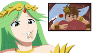 drawing vore manga color tongue barefoot saliva green_eyes goddess green_hair shrunken_man tiara in_mouth_view looking_at_tiny freddykreugerken pit palutena