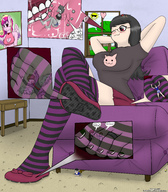 drawing gentle pussy panties feet vore blushing tail wings comic black_hair color toes soles glasses butt_crush red_eyes stockings insole in_shoe shrunken_men shrunken_woman between_toes indoors legs_crossed hands_behind_head joethevenezuelan pointed_ears between_breasts