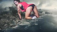 collage city mega destruction ocean buildings brunette crawling athletic waterfront