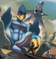 drawing nude furry giant penis claws toes soles sitting navel foot_crush muscles starfox belly looking_down thighs inu-jean falco looking_at_tiny scrotum