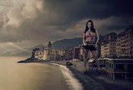 giantess collage city beach ocean buildings military tank smiling legs clouds sky looking_at_viewer waterfront zed782
