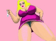 drawing panties upskirt blonde cleavage smiling dress unknown_artist shrunken_man entrapment thighs hands_on_hips source_needed looking_at_tiny in_condom