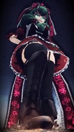 giantess giga city upskirt destruction green_eyes touhou goddess green_hair boots unknown_artist looking_down digital_render hina