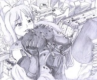 drawing giantess vore blushing city monochrome destruction licking breast_crush lying_down vehicles trains hank88 dog_days yukikaze_panettone between_breasts