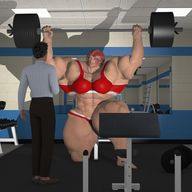 gentle giantess barefoot red_hair mini_giantess unknown_artist muscles amazon workout weights indoors gym digital_render