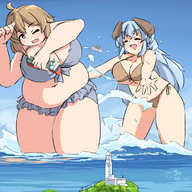 drawing giantess horns mega color swimsuit handheld cleavage ocean brunette purple_eyes giantesses voluptuous ships splashing みとん miton