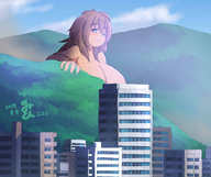 breasts drawing giantess nude city mega color green_eyes brunette mountains みとん miton