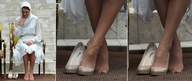 collage feet clothed high_heels smiling in_shoe sitting foot_crush nylons worship shrunken_man looking_down chair white_dress veil multiple_panels duchess_kate