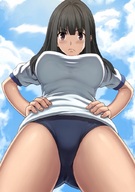 drawing black_hair color large_breasts long_hair clothed anime short_shorts clouds sky shirt point_of_view looking_at_viewer hands_on_hips upset pubic_mound