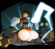drawing giantess color butt destruction buildings glasses brunette looking_back ripped_clothing berggie tentaskul overwatch tracer_(overwatch)