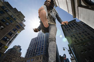 giantess collage city handheld barefoot brunette looking_down point_of_view looking_at_viewer raised_foot leaning_on_building imminent_crush lowerrider