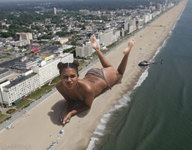giantess collage city swimsuit beach barefoot cleavage ocean brunette lying_down looking_at_viewer lowerrider