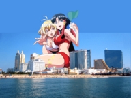 drawing giantess collage city mega blonde black_hair color swimsuit blue_eyes beach cleavage ocean red_eyes reaching giantesses looking_at_viewer flag killa cross_ange ange salamandinay