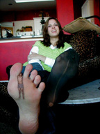 collage feet barefoot soles brunette nylons shrunken_man dangle between_toes looking_at_viewer