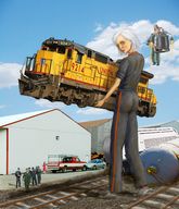 drawing giantess white_hair collage mega color butt blue_eyes susan military train ginormica short_hair vehicles lifting outdoors monsters_vs_aliens belt jumpsuit jet_pack digital_render susan_murphy pixelmangler
