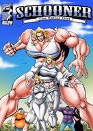 drawing growth blonde color large_breasts blue_eyes cleavage huge_breasts smiling mini_giantess muscles amazon eating onlookers trees ripped_clothing yelling comic_book_cover musclefan schooner_the_sailor_girl