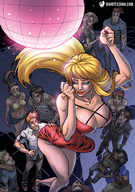 drawing blonde color large_breasts long_hair cleavage high_heels dress mini_giantess amazon onlookers touching giantessfan dance_floor disco disco_ball
