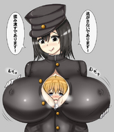 drawing gentle blonde aroused black_hair color clothed licking anime huge_breasts uniform looking_down jiggle shrunken_person looking_at_viewer cap no_background ふんど氏 between_breasts