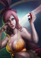drawing gentle giantess color large_breasts long_hair blue_eyes clothed handheld one_piece cleavage bra crying mermaid red_hair sitting straw_hat looking_at_tiny pearl_belt elkanart
