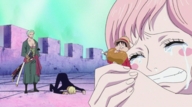 gentle giantess clothed handheld anime crying pink_hair kneeling animation eating castle_wall fist_pounding turkey_leg samurai gritting_teeth