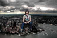 collage city mega destruction clothed wonderslug red_hair skyscraper sneakers clouds sky looking_at_viewer kristen_stewart