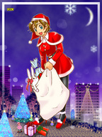 drawing gentle giantess city color blue_eyes clothed anime brunette omc christmas nylons outdoors santa_claus santa_costume