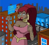 breasts drawing giantess city mega color blue_eyes cleavage giganta red_hair ponytail dress belt dc_comics inchhighlilliputian between_breasts