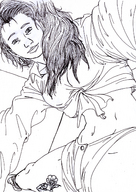 drawing gentle monochrome long_hair smiling navel legs shrunken_man flower looking_at_viewer splits ballet_dancer