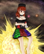 drawing giantess earth space color large_breasts planet handheld barefoot cleavage touhou red_eyes red_hair sun sitting grin cosmic_giantess miamikichi hecatia_lapislazuli