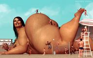 breasts giantess black_hair butt swimsuit beach handheld barefoot huge_breasts lying_down bbw body_exploration outdoors brothervirgil looking_back digital_render