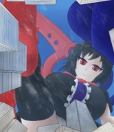 drawing giga city color large_breasts touhou red_eyes smiling short_hair looking_down clouds point_of_view nue_houjuu miamikichi