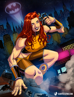 breasts drawing giantess city mega color long_hair destruction clothed handheld buildings giganta red_hair muscles shorts vehicles costume top giantessfan spotlight looking_at_tiny dc_comics gotham_city nightwing bat_signal