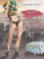 drawing giantess city mega alien color destruction cleavage gun gloves spaceship green_hair boots hand looking_down suit crowds angelgts milestone