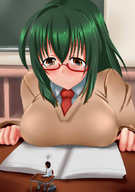 drawing gentle color glasses green_hair shrunken_man looking_down indoors desk mejiro メジロ text_book