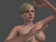 breasts nipples gentle nude blonde blue_eyes handheld curious short_hair shrunken_woman dangle between_fingers digital_render