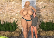 breasts gentle giantess blonde penis huge_breasts mini_giantess unknown_artist hand muscles amazon outdoors digital_render